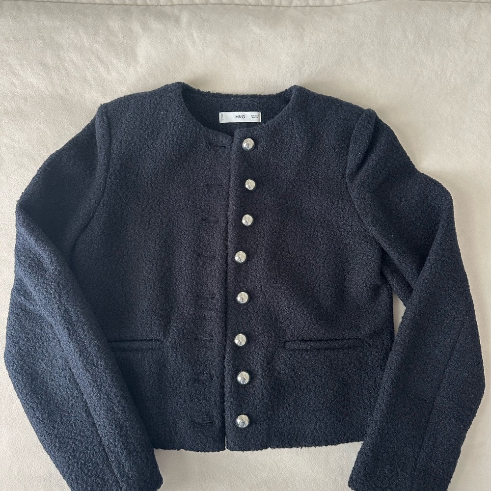 Mango Navy Bouclé Jacket with Silver Buttons